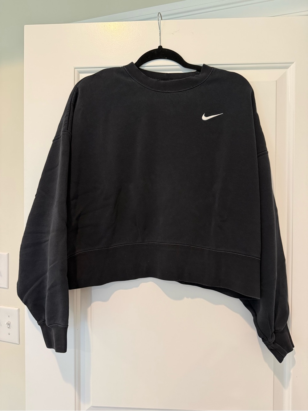 Nike Black Cropped Crew Sweatshirt with White Swoosh